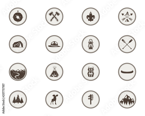 Boy scouts icons, patches. The full bundle. Camping stickers. Tent symbol, moose pictogram, backpack elements, canoe, mountains, and others. Stock stamps isolated on white background.