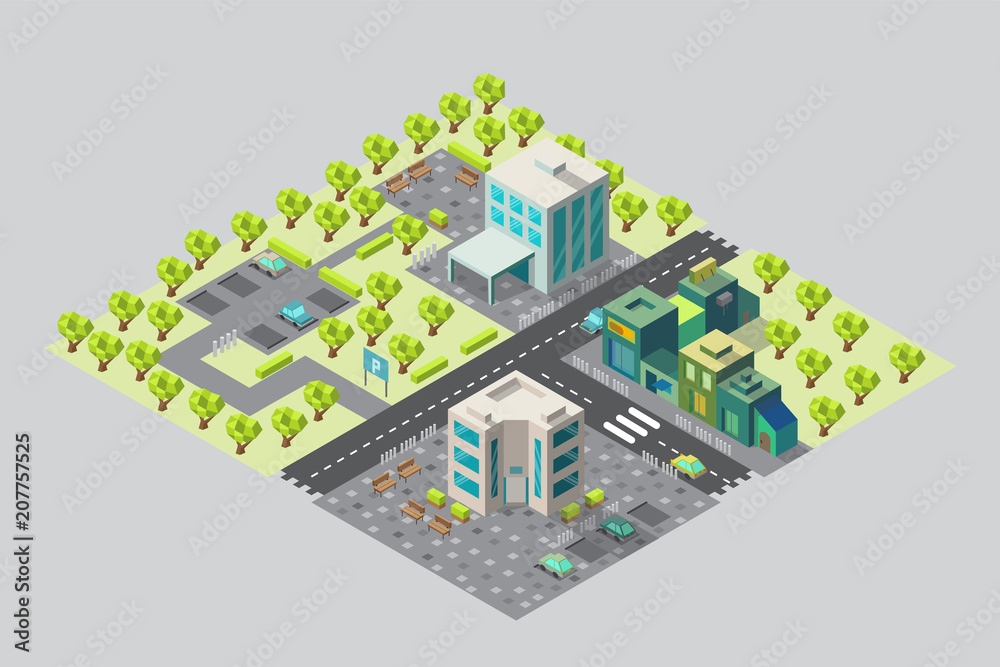 Map of city offices and shops in isometric