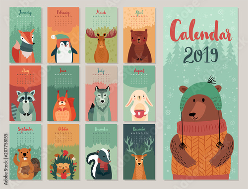 Calendar 2019. Cute monthly calendar with forest animals. Hand drawn style characters.