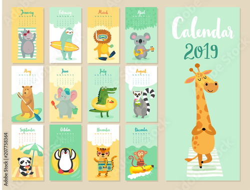 Calendar 2019. Cute monthly calendar with forest animals.