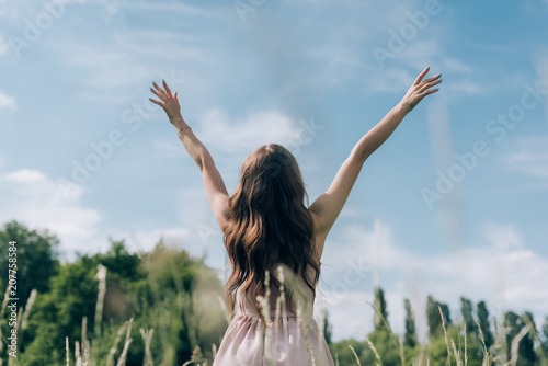 back view of woman in stylish dress with outstretched arms standing in meadow with blue sky on background