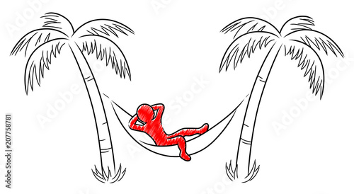 Ein rotes Männchen in einer Hängematte zwischen zwei Palmen / Schraffierte Vektor-Zeichnung