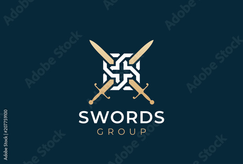 Crossed swords logo icon. Sword crests. Vector heraldry design.