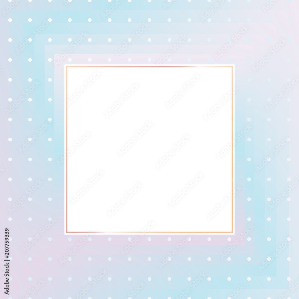 Golden Frame and polka dot pattern on multicolored background. White Square on Light Blue Pink Violet gradient background. Vector Golden Frame and polka dot pattern on multicolored background. White Square on Light Blue Pink Violet gradient background. Vector