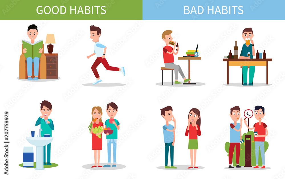 Bad and Good Habits Poster Set Vector Illustration