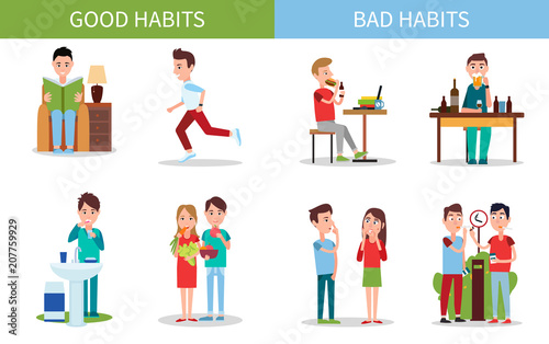 Bad and Good Habits Poster Set Vector Illustration