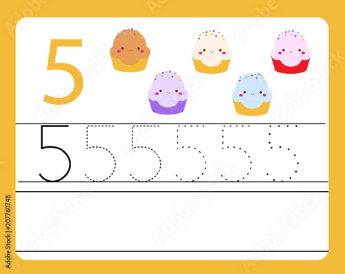 Handwriting practice. Learning numbers with cute characters. Number five. Educational printable worksheet for kids and toddlers with tracing lines