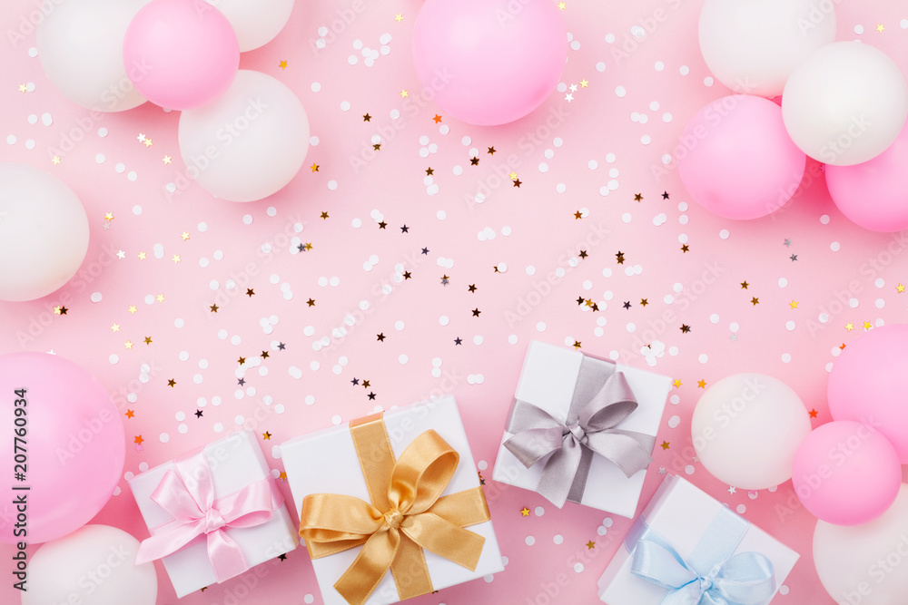 Birthday background with gift or present box, balloons and confetti on