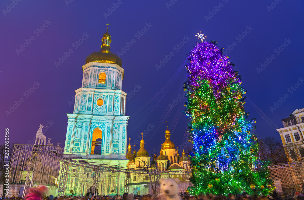 Christmas tree and Saint Sophia Cathedral, a UNESCO world heritage site in Kiev, Ukraine