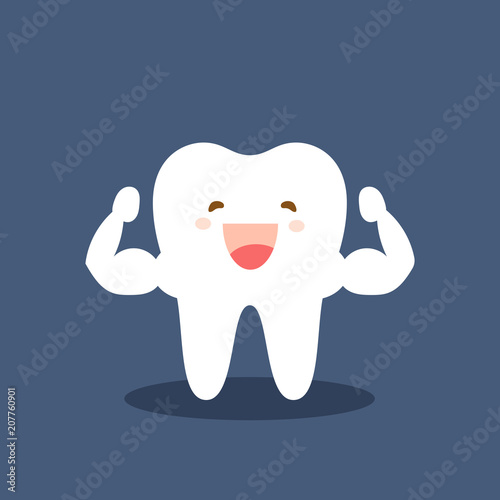 Single white and very strong muscle healthy tooth. Strong happy healthy white tooth character. Vector flat cartoon illustration icon design. Isolated on dark background.