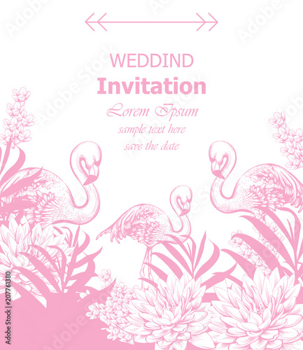Wedding invitation Vector with summer tropic theme pink color