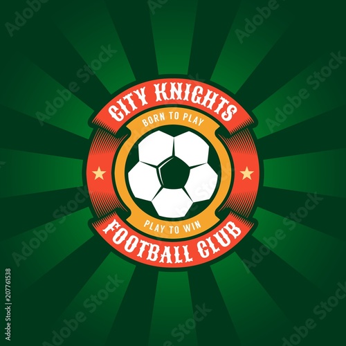 Round color football logo template with soccer ball and circular ribbon