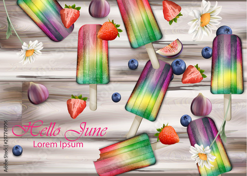 Colorful ice creams on wooden background Vector. Summer exotic fruits flavors...