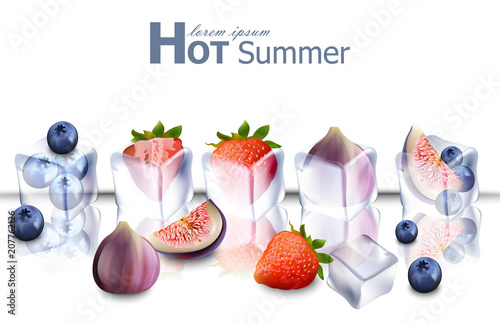 Ice cubes with fruits Vector realistic. Frozen fruits hot summer sweet card