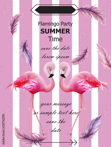 Flamingos party Summer card Vector. Tropic exotic pink flamingos flyer or banner