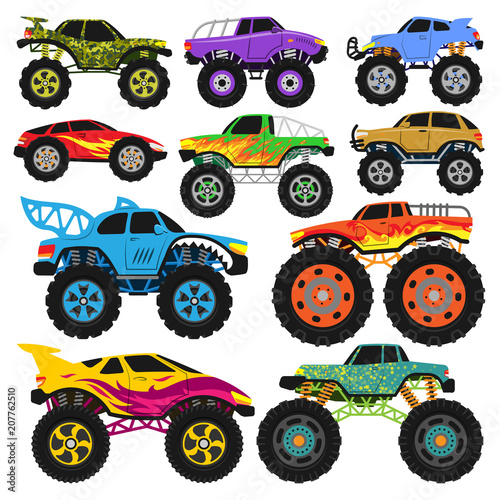 Monster truck vector cartoon vehicle or car and extreme transport illustration set of heavy monstertruck with large wheels isolated on white background