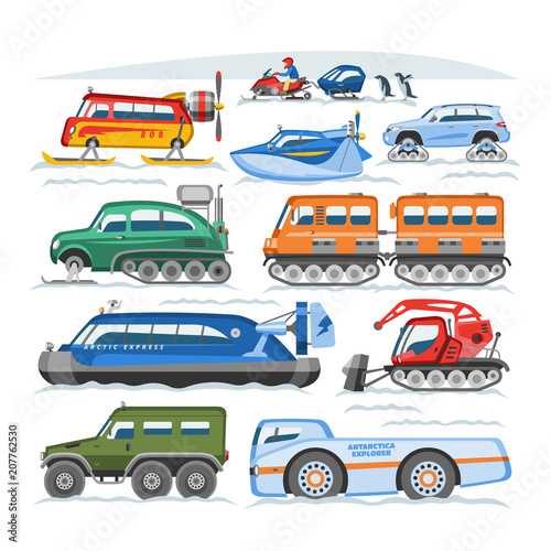 Snow truck vector winter vehicle or snowmobiling transport and snowy transportation illustration set of snowmobile or snowblower isolated on white background