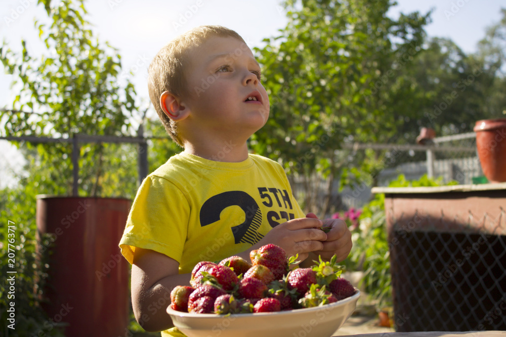 boy eating strawberries outdoors