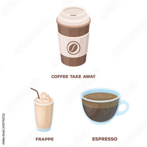 Different kinds of coffee cartoon icons in set collection for design. Coffee drink vector symbol stock web illustration.