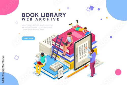 Dictionary, library of encyclopedia or web archive. Technology and literature, digital culture on media library. Clipart sticker icon for web banner. Flat isometric people images, vector illustration.