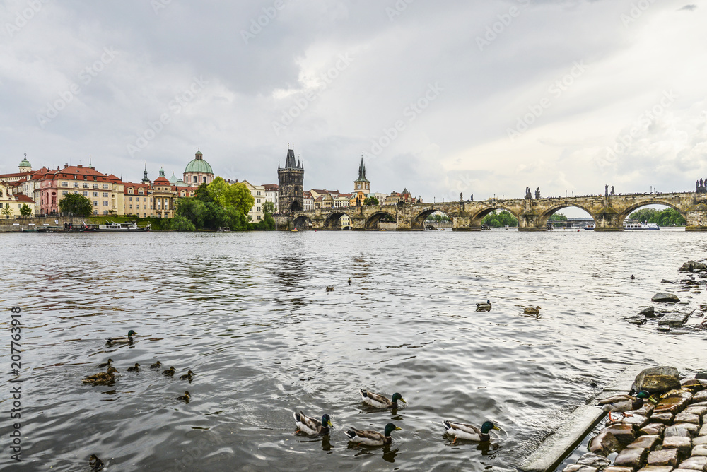 Fototapeta premium Scenic spring view of the Old Town pier architecture and Charles Bridge