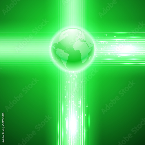 Abstract green background with stream of binary code to the globe. EPS10 vector.