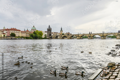 Scenic spring view of the Old Town pier architecture and Charles Bridge