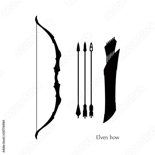 Black silhouettes of elven bow with arrows on white background. Icon of hunters weapon. Fantasy archery equipment. Vector illustration
