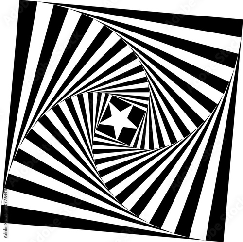 Geometric pattern with spiral stripes and star with optical illusion in black and white 