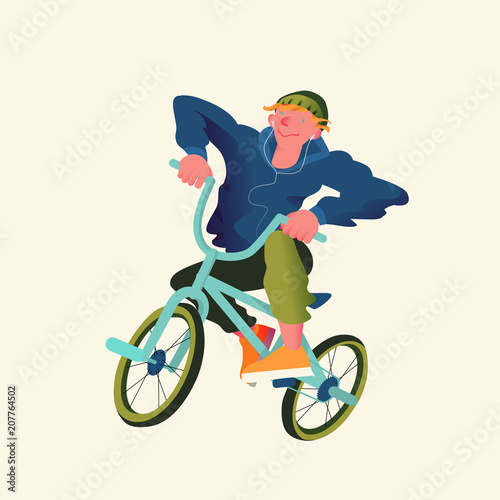Guy by bicycle bmx extreme sport. Freestyle BMX riders in flat style. Vector illustration.