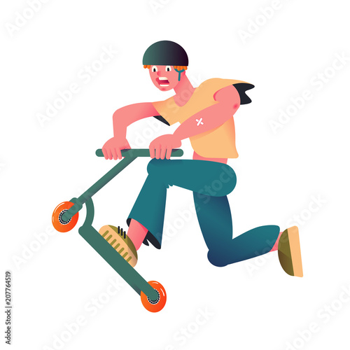 The guy riding the scooter. The dynamic athlete in a helmet t-shirt and jeans. Stylish flat with gradient design. Extreme sport. Vector illustration.