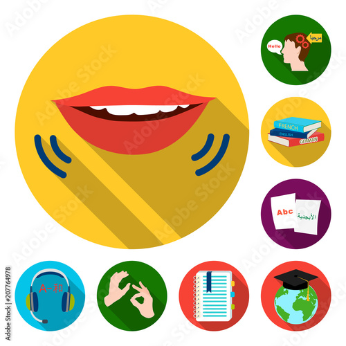 Translator and linguist flat icons in set collection for design. Interpreter vector symbol stock web illustration.
