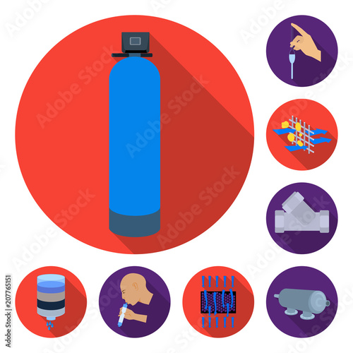 Water filtration system flat icons in set collection for design. Cleaning equipment vector symbol stock web illustration.
