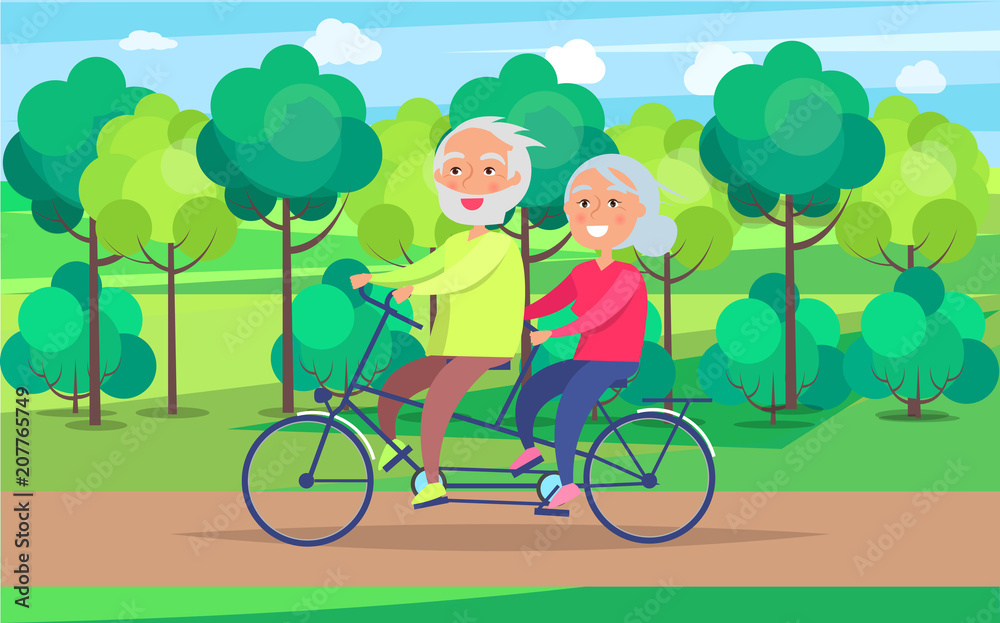 Happy Mature Couple Riding Together on Bike Happy Mature Couple Riding Together on Bike