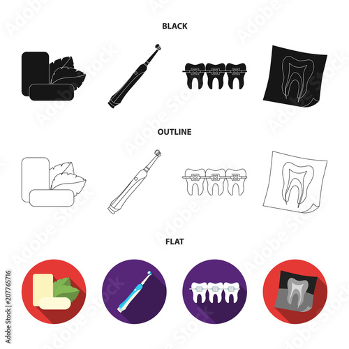 Mint chewing gum with mint leaves, toothbrush with bristles, bregettes with teeth, X-ray of the tooth. Dental care set collection icons in black,flat,outline style vector symbol stock illustration web