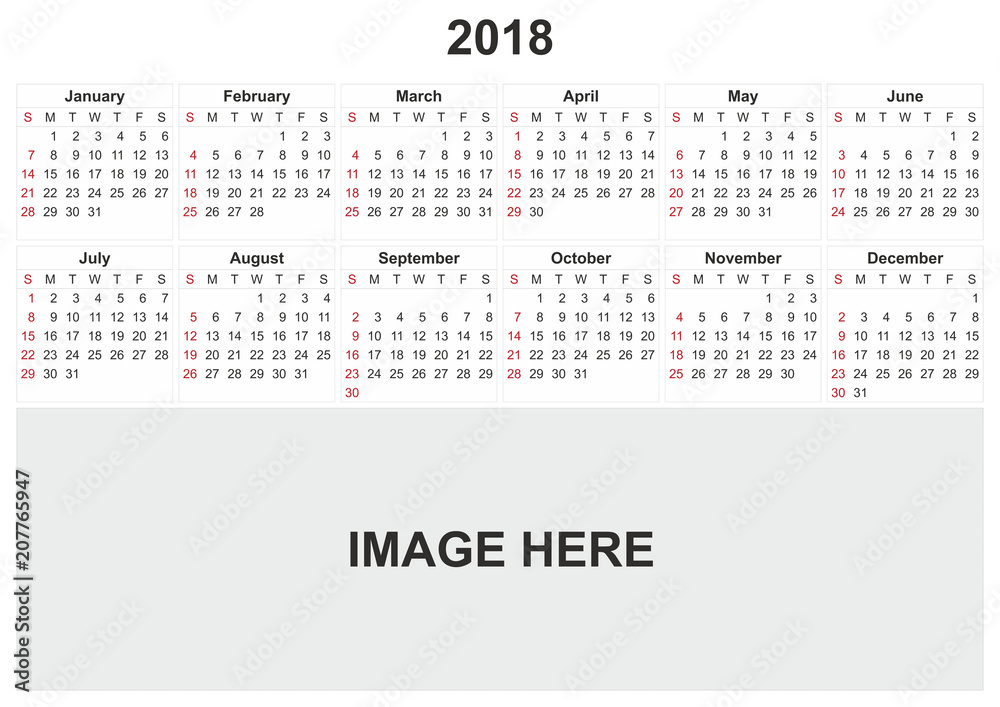 2018 calendar with white background and space for image. 2018 calendar with white background and space for image.