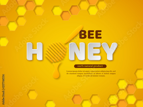 Bee honey typographic design. 3d paper cut style letters, comb and dipper. Yellow background, vector illustration.