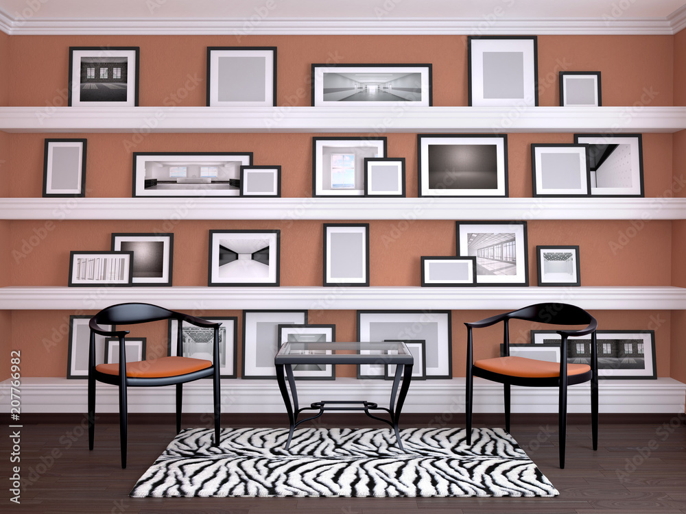 
Interior design of the room. Wall with frames on the shelves. 3d illustration