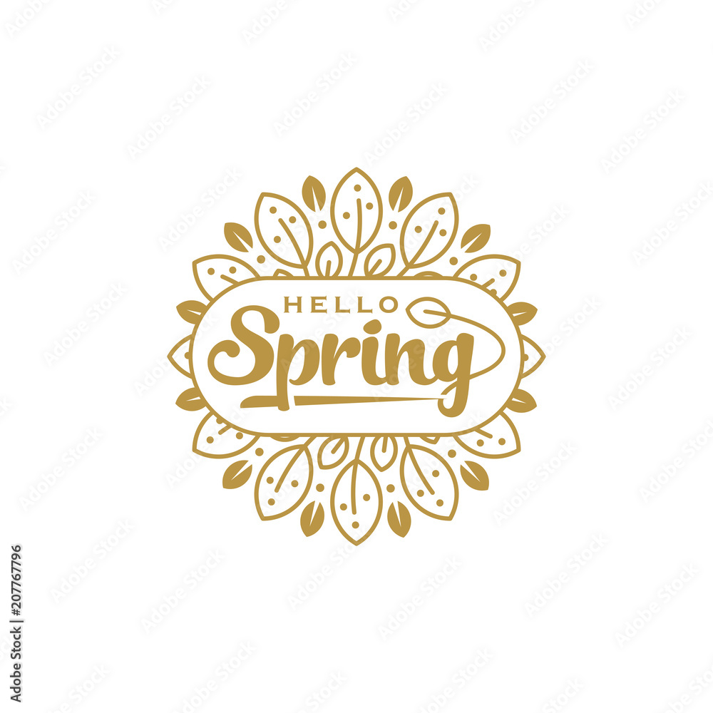 Hello spring summer logo vector illustration, leaves and geometric shapes. Circle nature icon