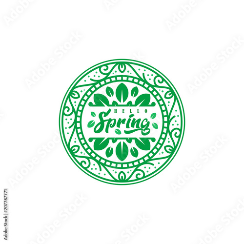 Hello spring summer logo vector illustration, leaves and geometric shapes. Circle nature icon