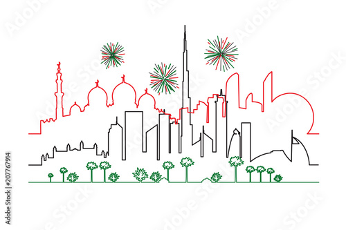 Fireworks in UAE Dubai and Abu-Dhabi cities in national flag colors