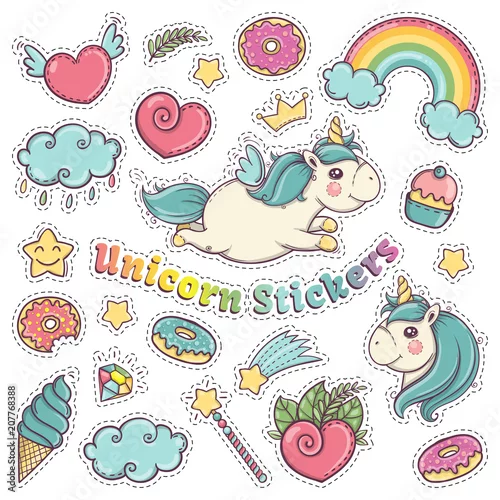 Tapety Słodki jednorożec zestaw naklejek, szpilek, łat w kreskówkowym kolorowym komiksie.
