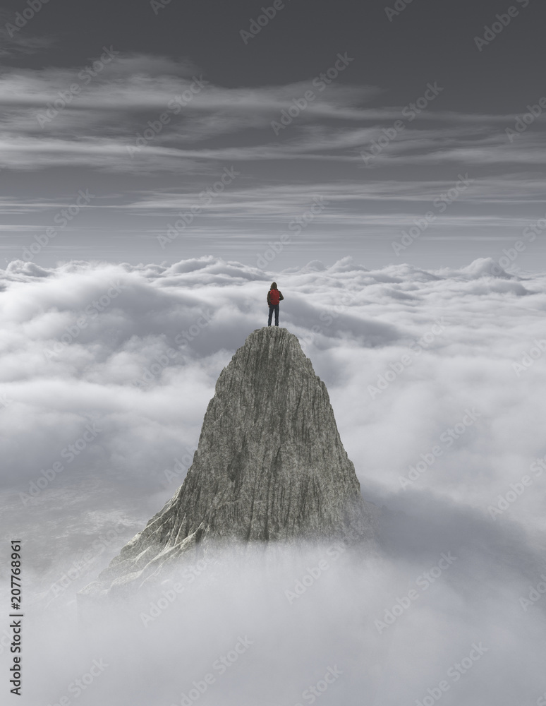 Hiker on top of a mountain over  a cloud.