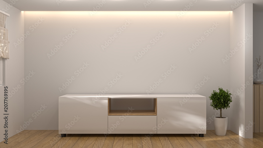 modern Tv white wood cabinet, in empty room interior background 3d  illustration home designs,background shelves and books on the desk in front  of wall empty wall Stock Photo | Adobe Stock