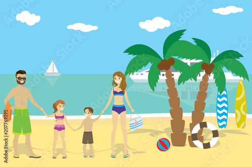 Cartoon caucasian family on the beach summer vacation concept
