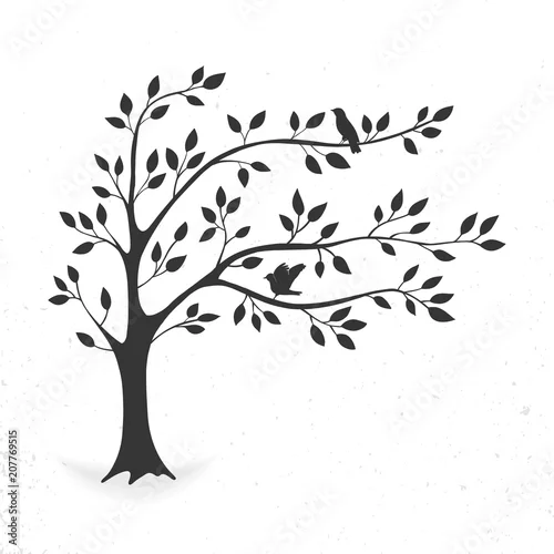 Fototapeta samoprzylepna ilustracyjny drzewo z liśćmi i ptakami. Sylwetka na białym tle.