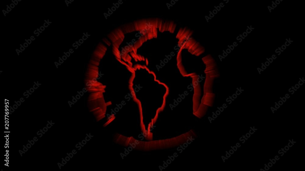 Red wireframe earth globe rotating against black background with light rays and seamless loop Red wireframe earth globe rotating against black background with light rays and seamless loop