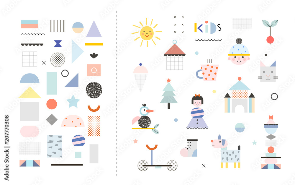 Set of cute shapes and baby elements. Different creative and fun graphic items. Poster for kids. Vector