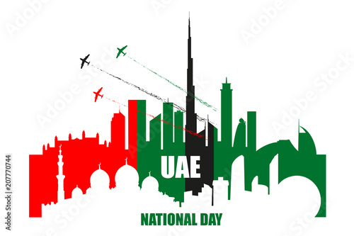 UAE National Day poster with landmarks, skyscrapers silhouettes and planes performing aerobatics.