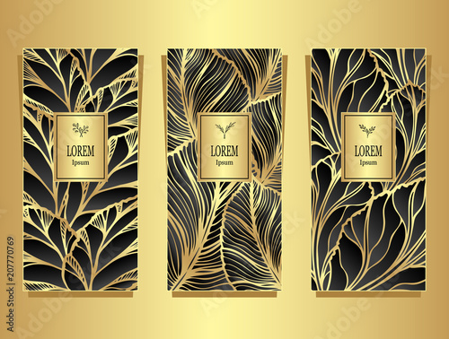 Set Template for package or flyer from Luxury background made by foil leaves in black gold for cosmetic or perfume or for package of tea or for alcohol label or for advertising jewelry
